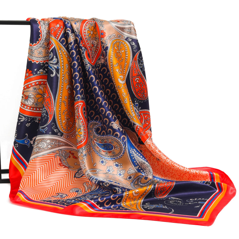 Lenço Quadrado Feminino 90x90cm – Cetim Toque de Seda, Estampado Fashion, Echarpe/Scarf/ Bandana de Luxo