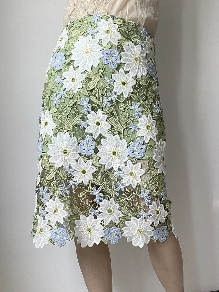 Saia Lápis Feminina JIAMI – Renda Bordada Floral, Verde, Comprimento ao Joelho, A-line, Vintage, Elegante