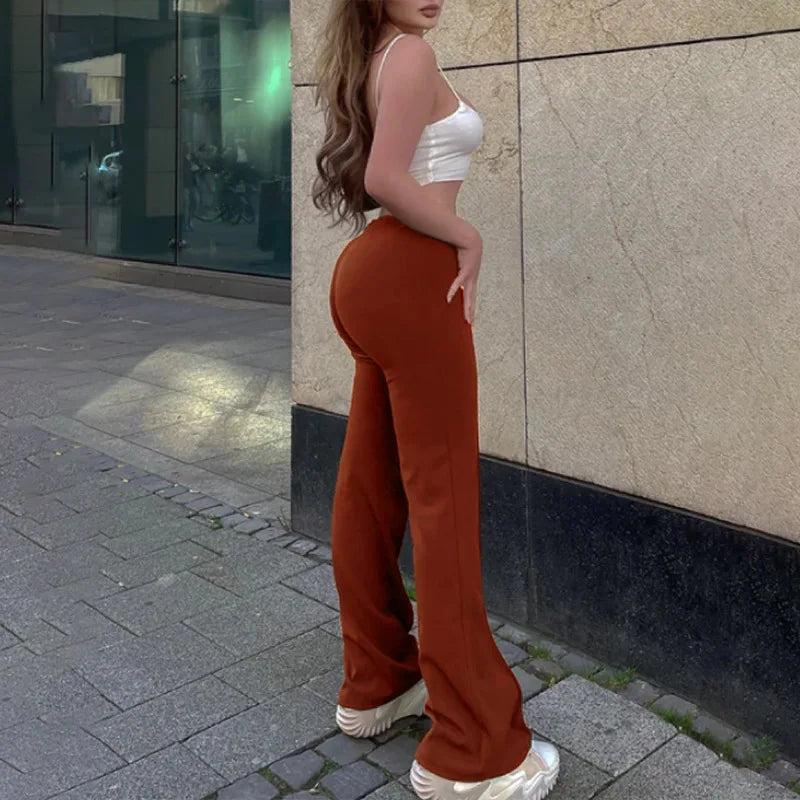 Calça Feminina Casual – Cintura Alta, Pernas Flare, Office Elegante, Longa, Primavera/Verão, Moda Feminina