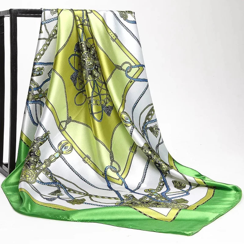 Lenço Quadrado Feminino 90x90cm – Cetim Toque de Seda, Estampado Fashion, Echarpe/Scarf/ Bandana de Luxo