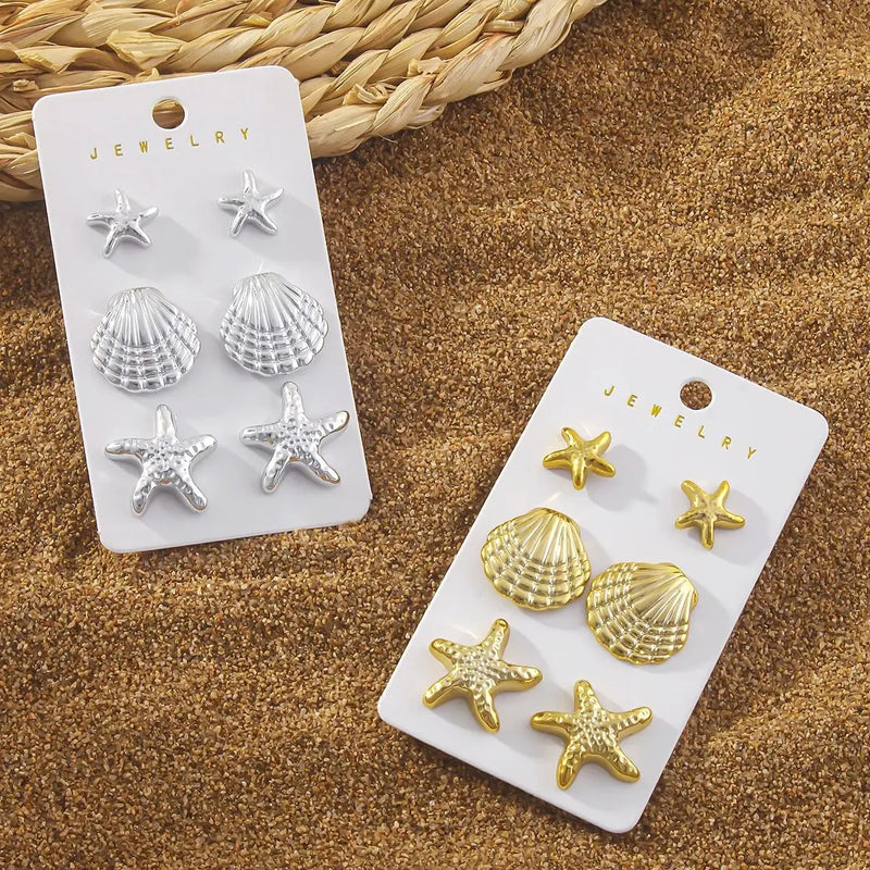 Conjunto de 6 Brincos Stud Estrela-do-Mar e Concha – Moda Verão, Jóias de Praia para Mulheres