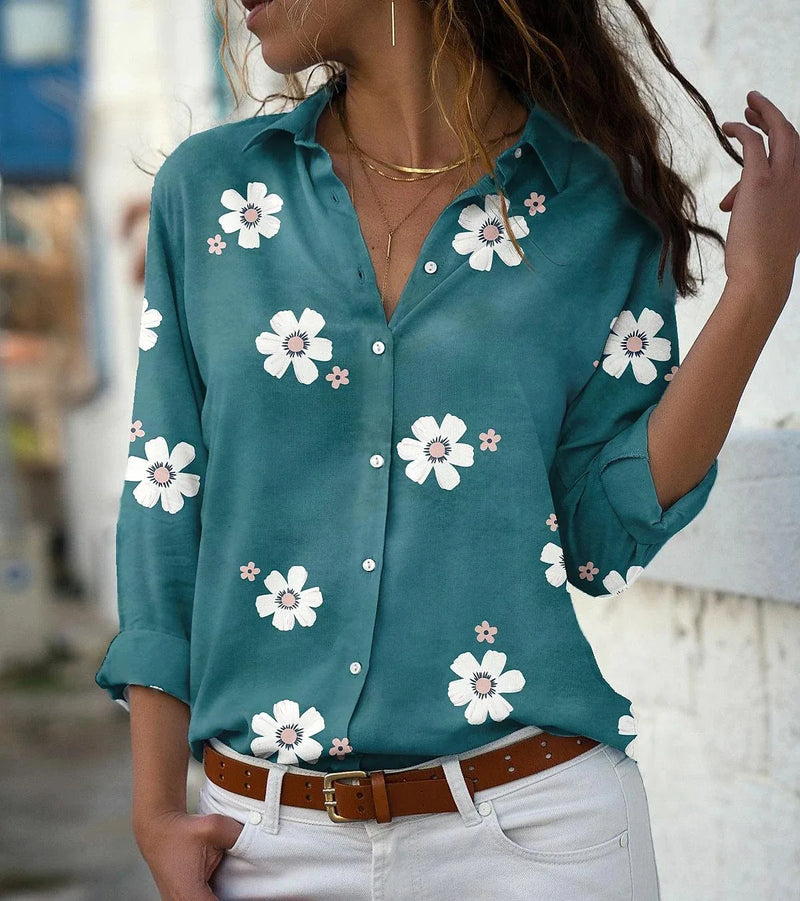 Camisa feminina leve e confortável para primavera e verão, com estampa floral, gola lapela e mangas longas. Modelo slim fit com botões frontais, ideal para looks casuais elegantes, trabalho ou passeios diários.