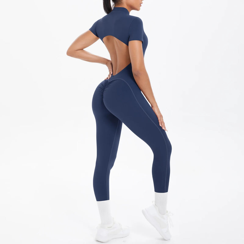 Macacão Fitness Feminino – Body de Manga Curta, Costas Abertas, Cor Lisa, Detalhe Franzido, Zíper Frontal, Conjunto de Yoga e Academia