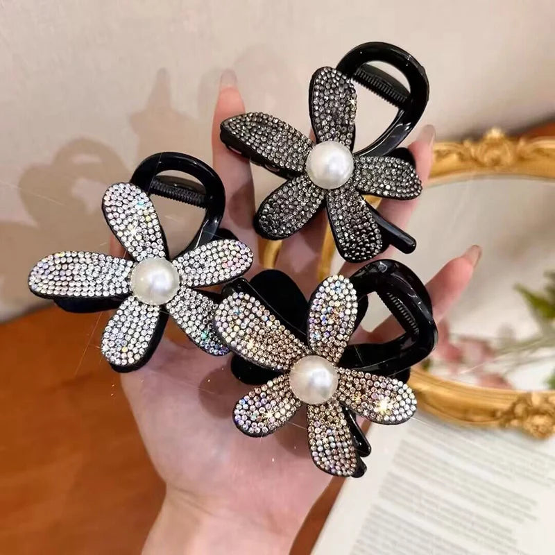 Clipes de Cabelo Koreanos com Strass – Presilha Elegante Preta para Mulheres e Pôneis