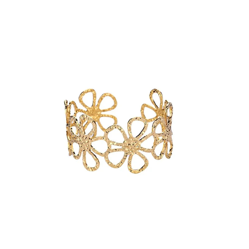 Bracelete Feminino Clássico com Padrão Relevo – Pulseira Cuff em Aço Inoxidável Dourado, Presente Elegante