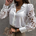 Blusa Feminina Sexy em Renda com Detalhes Vazados – Botões Frontais, Manga Longa, Estilo Vintage  Design elegante com renda branca e detalhes vazados que adicionam um toque sexy e sofisticado