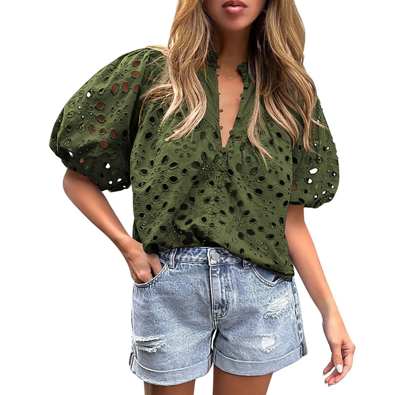 lusa Feminina de Verão com Renda e Bordado Floral – Elegante com Detalhes Vazados
