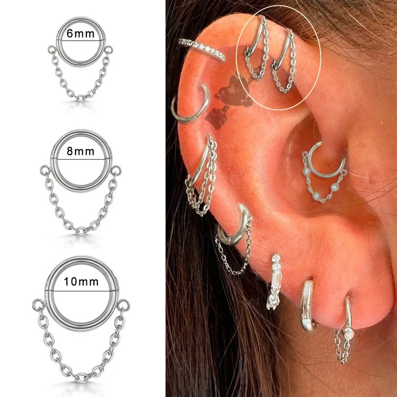 Brincos Femininos de Aço Titânio – Argola com Pingente e Tassel em Zircônia para Cartilagem