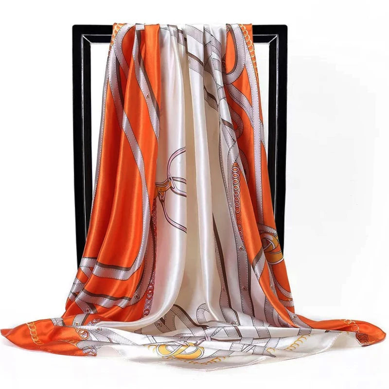 Lenço Quadrado Feminino 90x90cm – Cetim Toque de Seda, Estampado Fashion, Echarpe/Scarf/ Bandana de Luxo