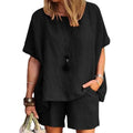 Conjunto Feminino Casual de Verão 2024 – 2 Peças: Blusa de Manga Curta + Shorts de Perna Larga, Camisa e Shorts em Algodão e Linho
