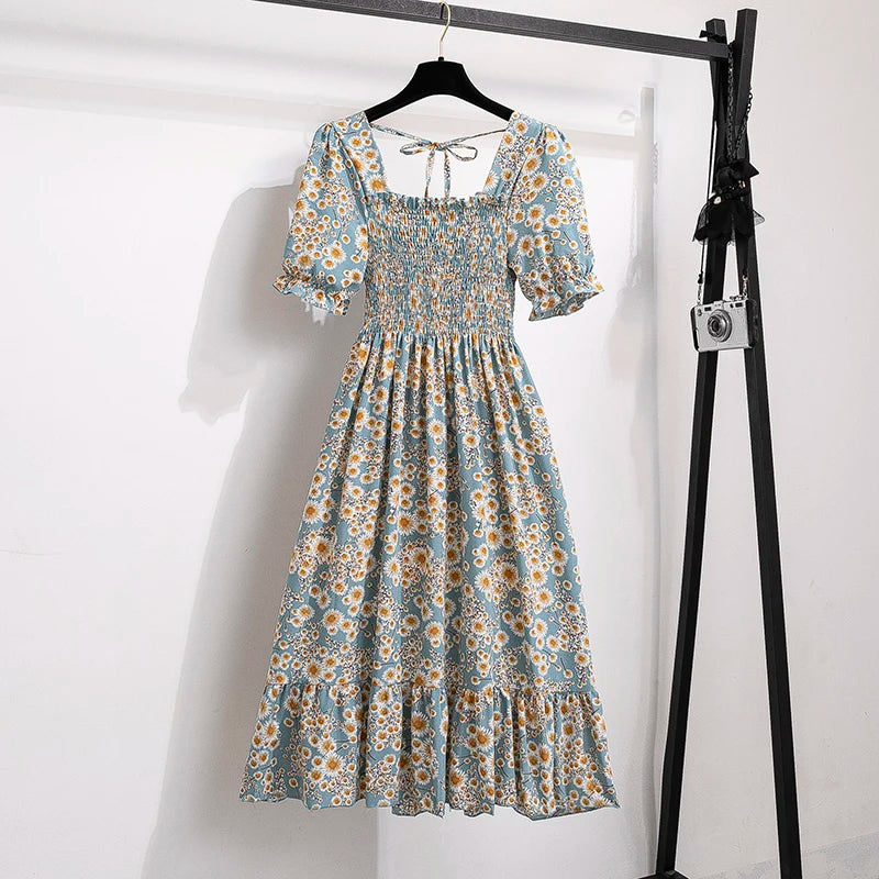 Vestido Feminino Chiffon Primavera Verão – Manga Curta, Cintura Elástica e Saia Plissada