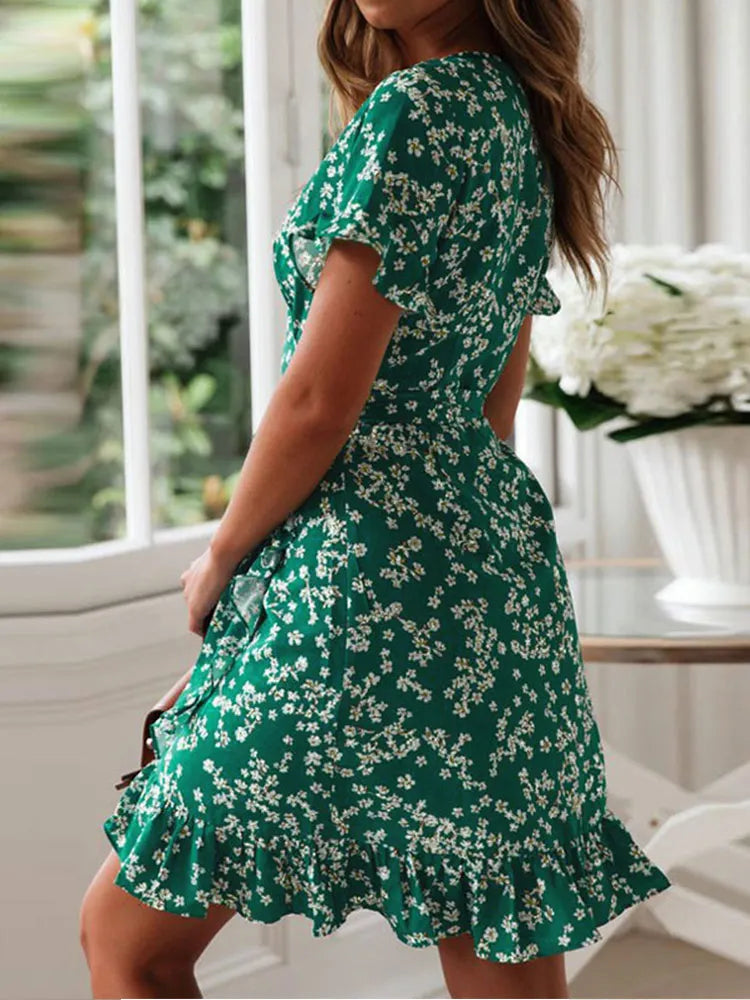 Vestido Feminino Boho – Estampa Floral, Babados, Decote em V, Manga Curta