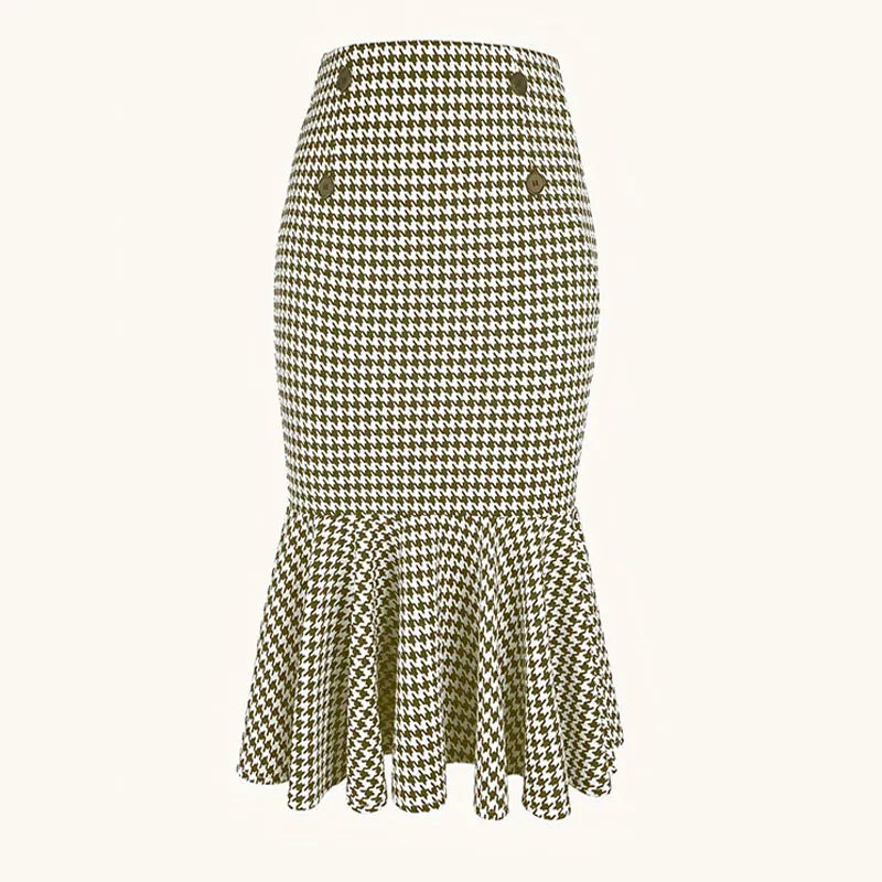 Saia Elegante Feminina – Estampa Pied de Poule, Comprimento ao Joelho, Cintura Alta