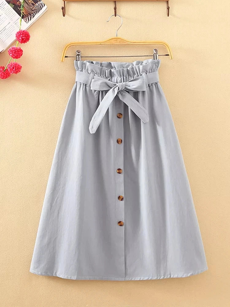 Saia Midi Feminina – Cintura Alta, Botões e Plissada Estilo Coreano