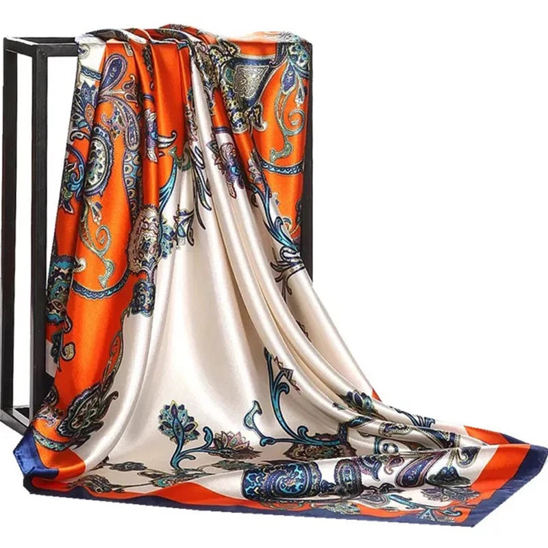 Lenço Quadrado Feminino 90x90cm – Cetim Toque de Seda, Estampado Fashion, Echarpe/Scarf/ Bandana de Luxo
