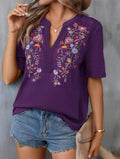 Blusa Feminina de Renda Bordada com Manga Curta – Decote V – Streetwear Floral Casual – Verão 2026