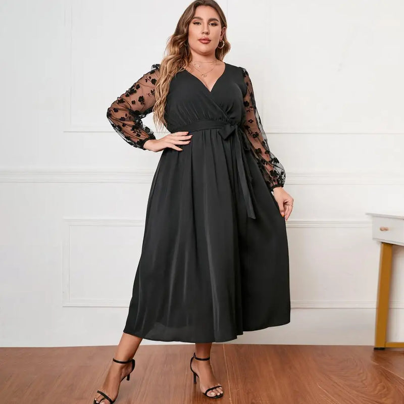 Vestido Plus Size Feminino Manga Longa com Amarração – Elegante, Bordado em Renda e Tule, Cinto, Cintura Alta, Midi.