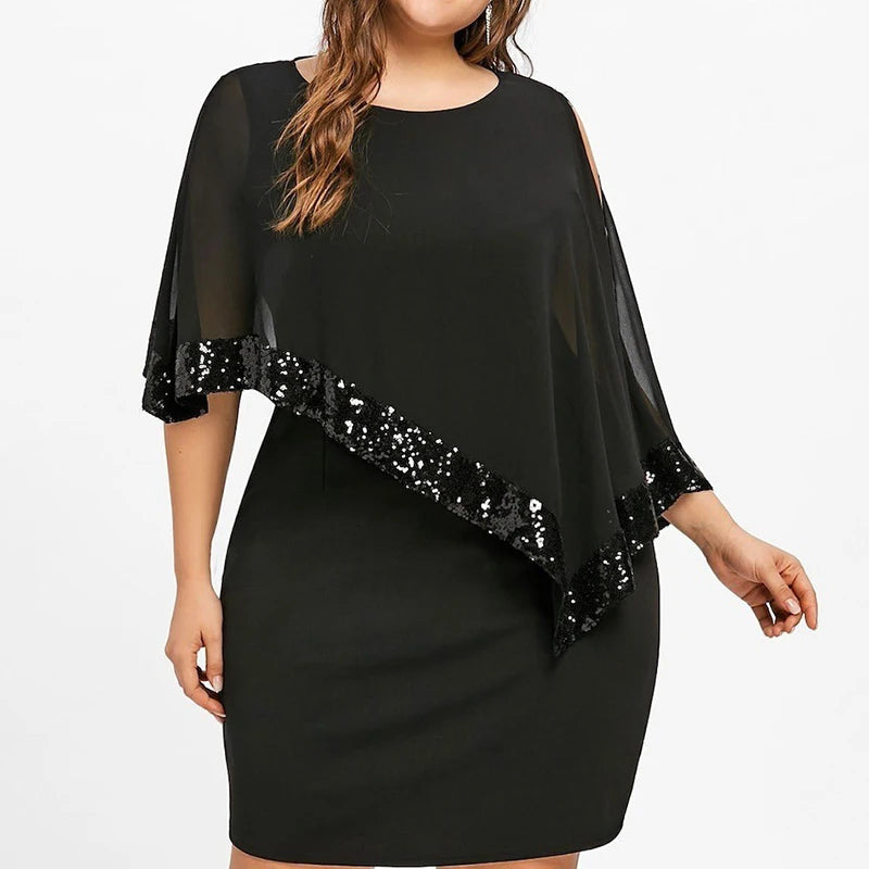 Vestido Feminino Plus Size Outono/Inverno com Ombro Único e Paetês – Estilo Fashion Oversized  Design irregular moderno, perfeito para destacar o corpo  Modelo plus size, confortável e elegante