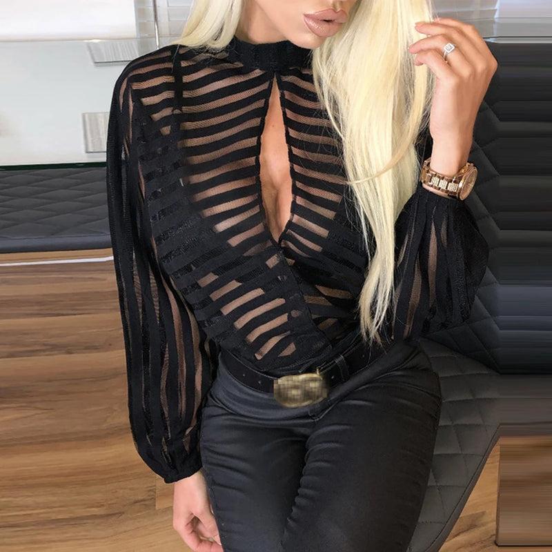 Blusa Feminina Preta – Transparente Listrada com Manga Longa